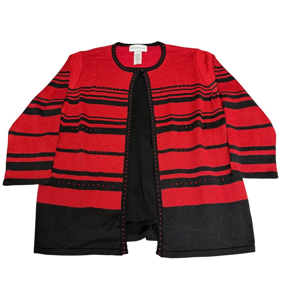 Alfred Dunner Red Black Striped Metallic Layered Look Cardigan Sweater Womens M